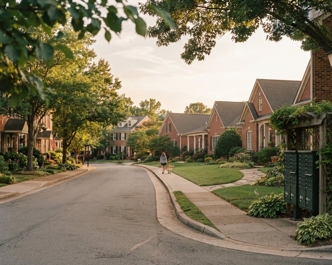 A tree-lined, well-maintained residential community in Central Virginia at golden hour