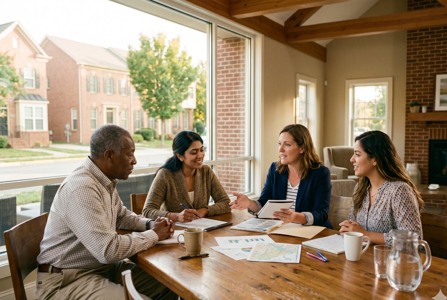 Four HOA board members reviewing budget printouts around a wooden table in a community clubhouse, with brick townhomes visible through the window