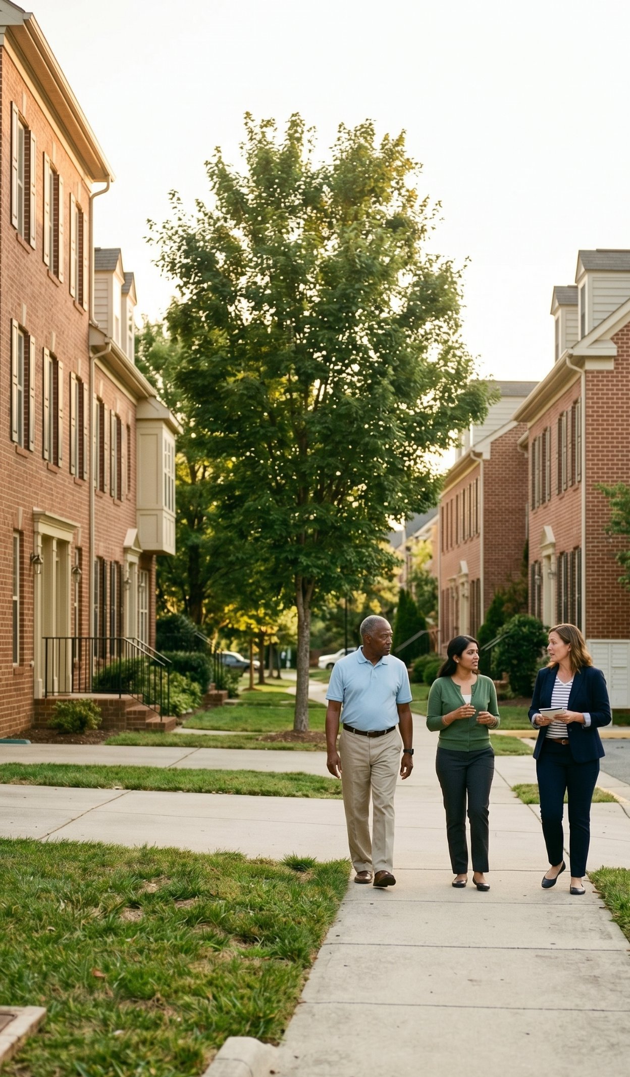 A Landmarc community manager walking with two residents along a tree-lined sidewalk in a Central Virginia townhome community at golden hour.