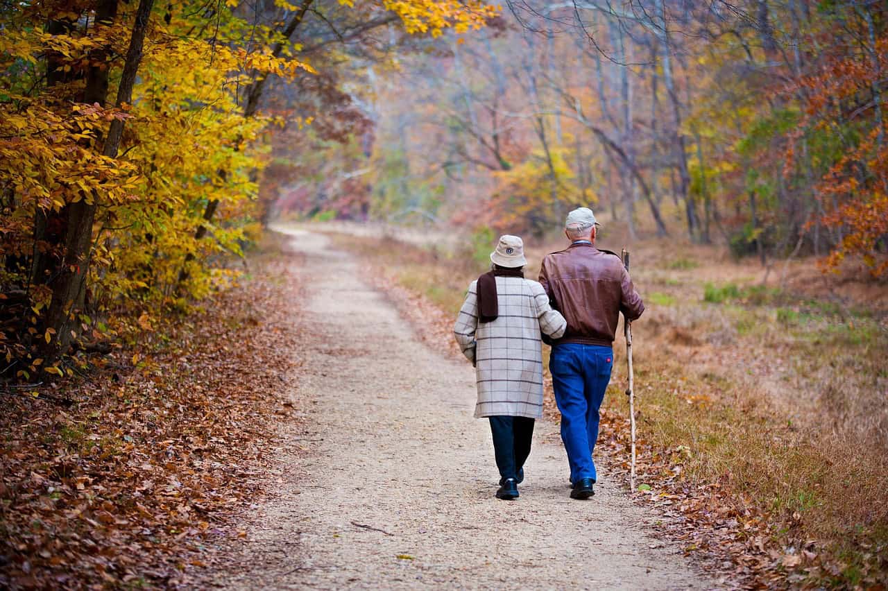 Senior couple walking together on a forest trail in autumn, representing wellness, recreation, and lifestyle support provided through active adult community management.