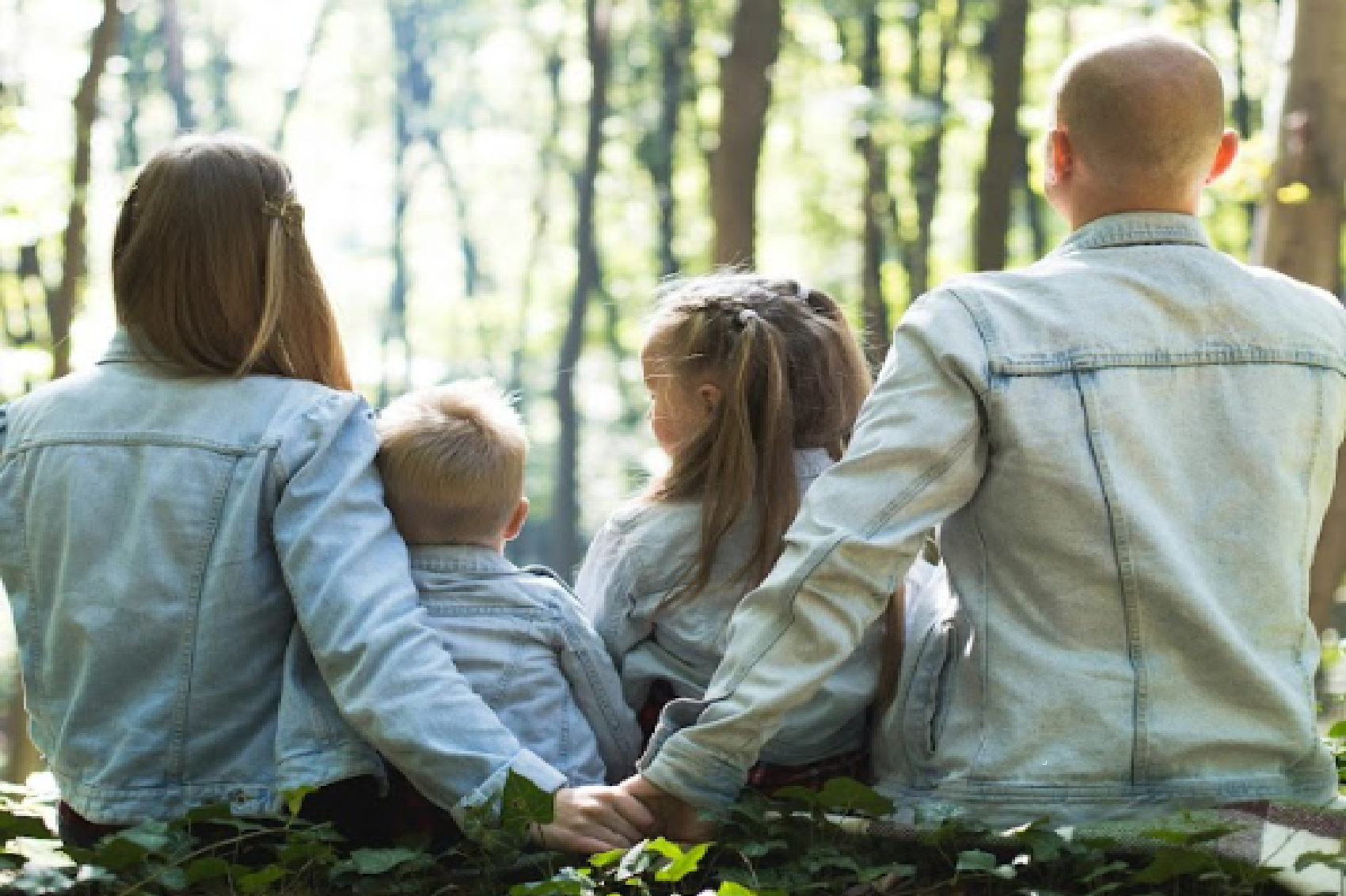 Family of four in denim jackets sitting together in a sunlit forest.