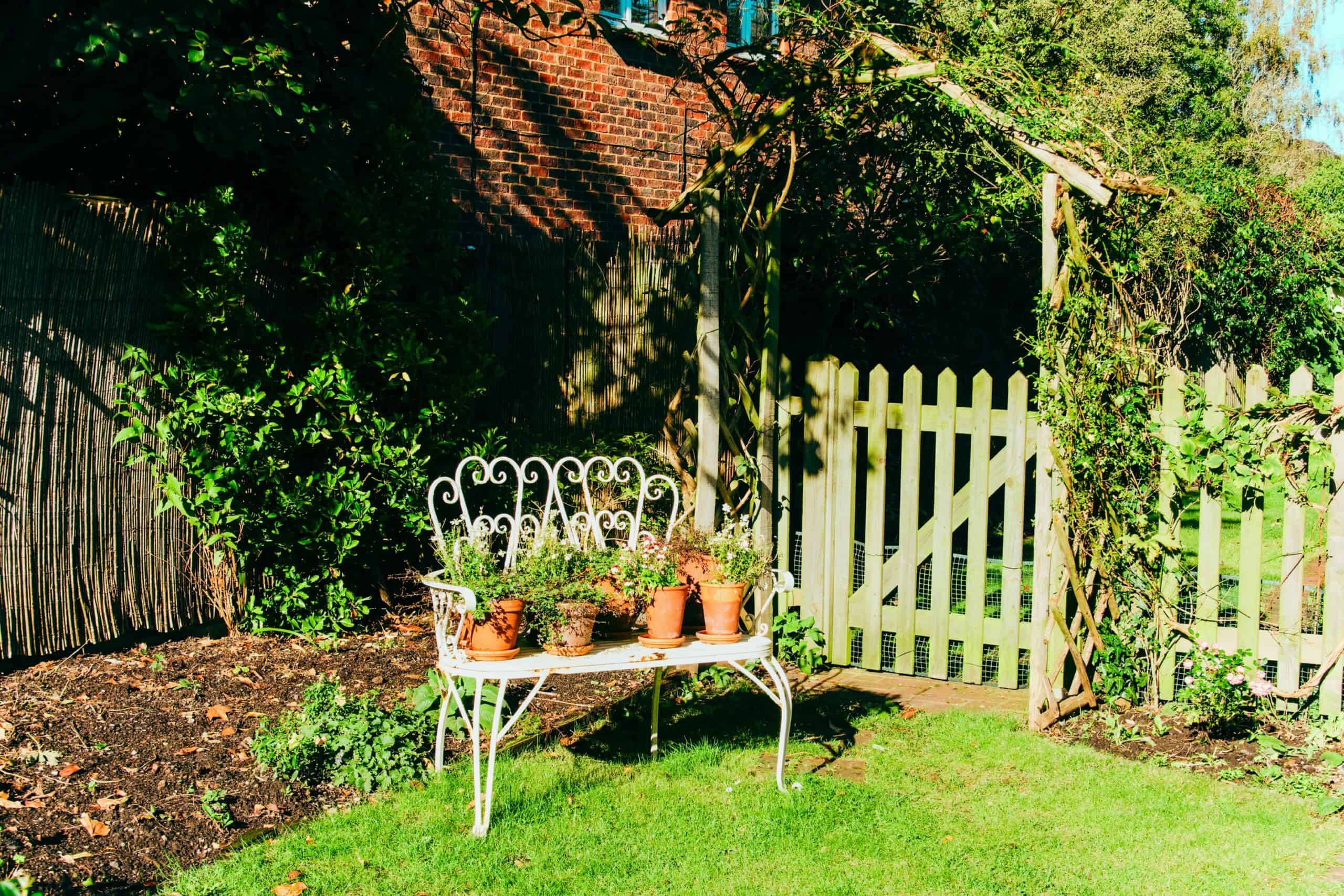 Lynchburg community garden with bench and plants Lynchburg community garden with bench and plants